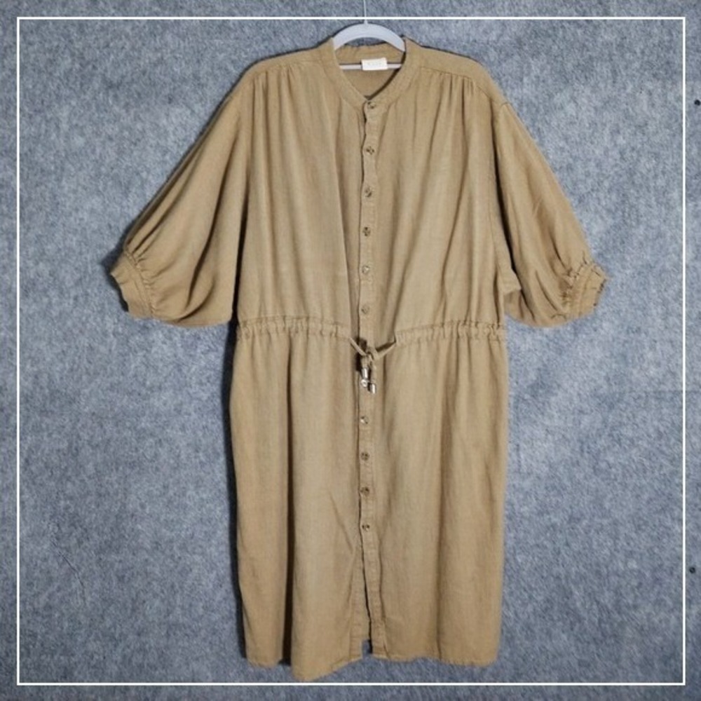 Vila Dress 36 S Coastal Linen Button Cinched Waist Puff Sleeve preppy Oversized